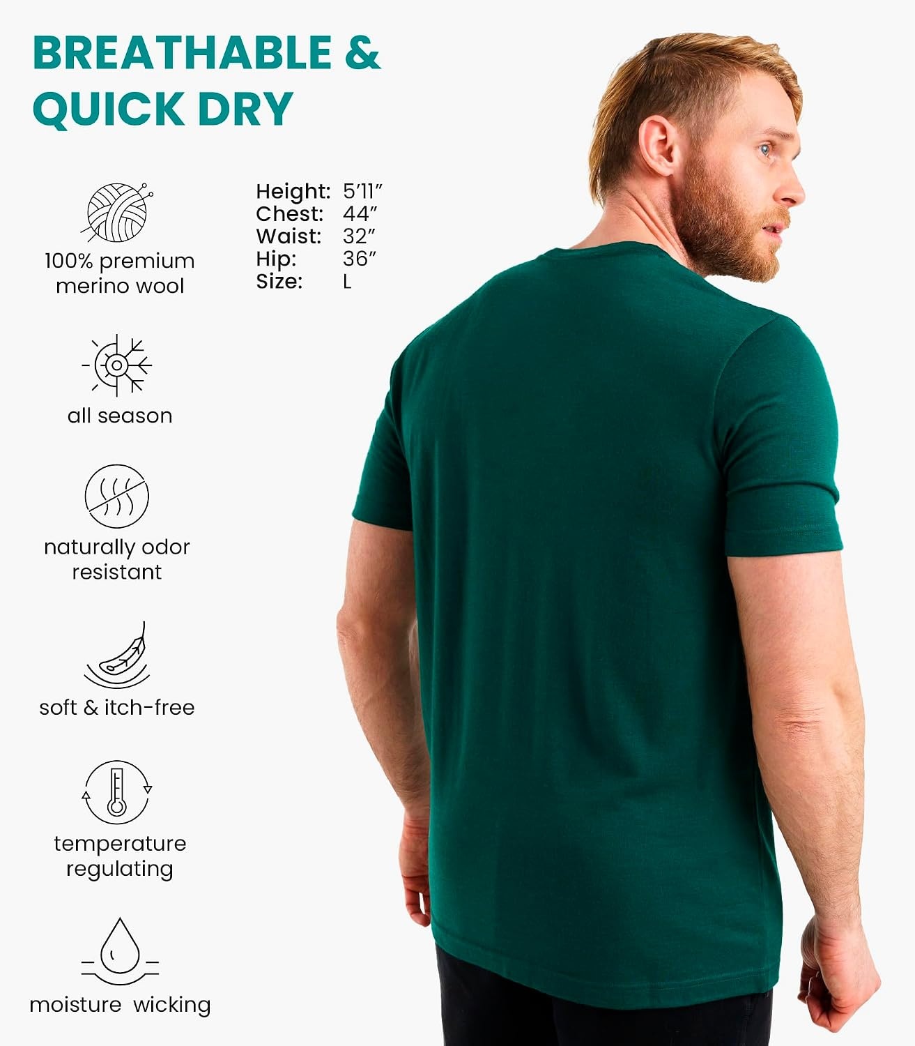 image:image100 Merino Wool TShirt Men Base Layer Top Undershirt with Hiking SocksEmerald Green