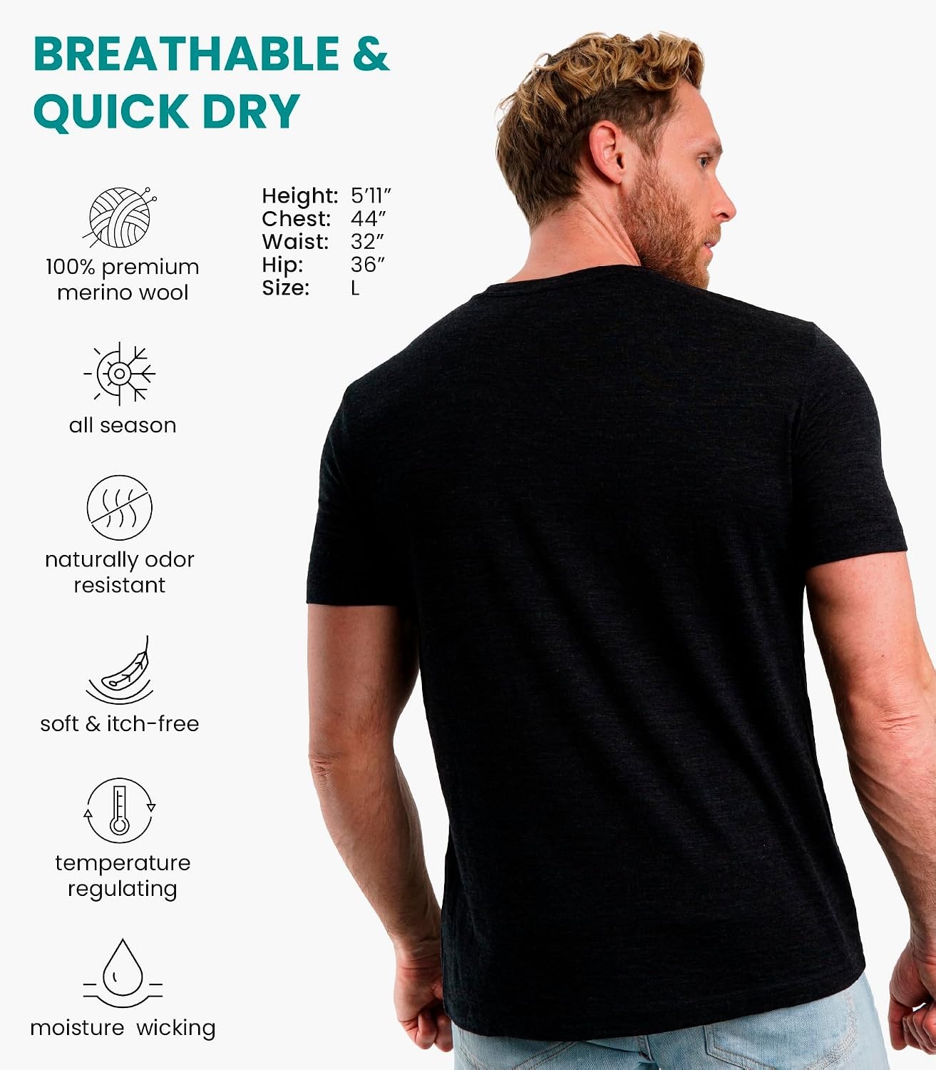 image:image100 Merino Wool TShirt Men Base Layer Top Undershirt with Hiking SocksHeathered Black