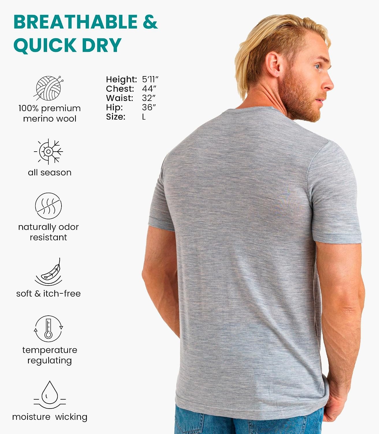 image:image100 Merino Wool TShirt Men Base Layer Top Undershirt with Hiking SocksMelange Grey