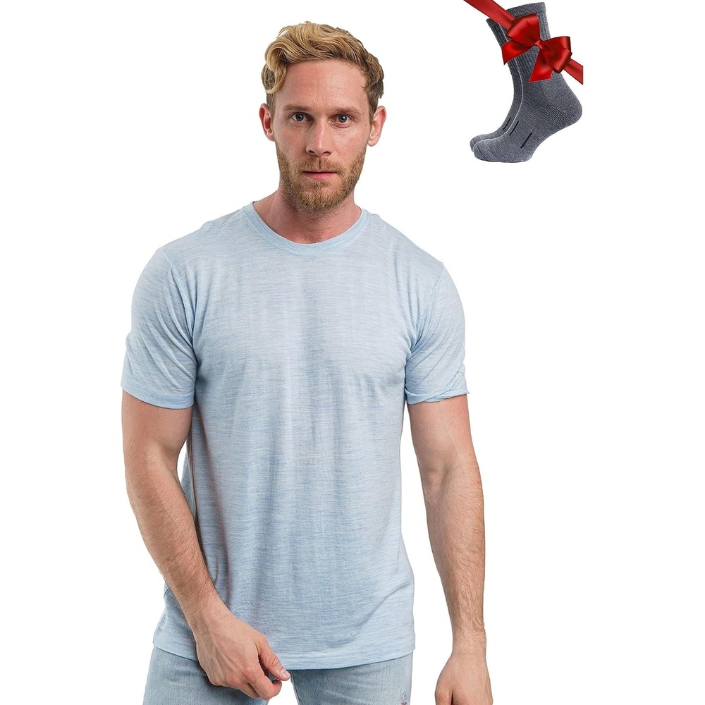 image:image100 Merino Wool TShirt Men Base Layer Top Undershirt with Hiking SocksArctic Blue