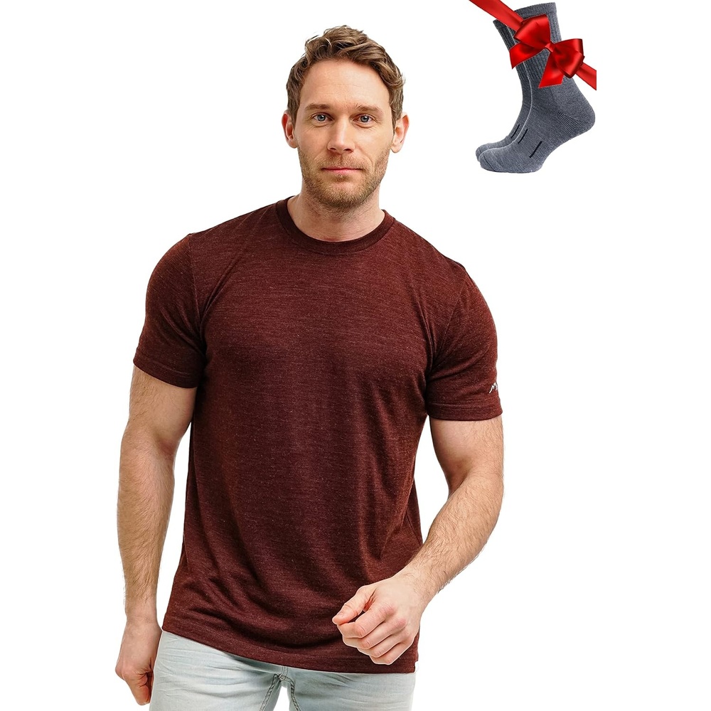 image:image100 Merino Wool TShirt Men Base Layer Top Undershirt with Hiking SocksBordo Wine