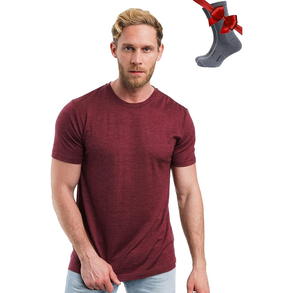 image:image100 Merino Wool TShirt Men Base Layer Top Undershirt with Hiking SocksBurgundy Wine