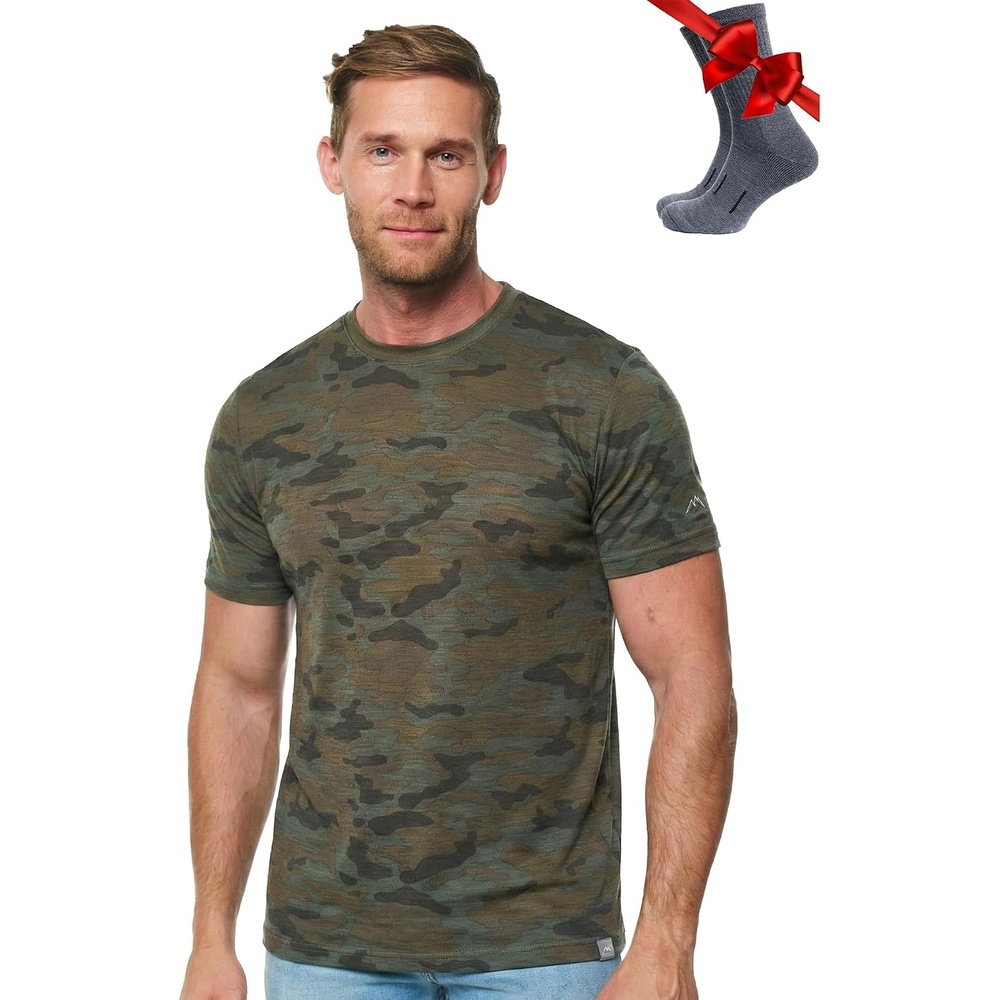image:image100 Merino Wool TShirt Men Base Layer Top Undershirt with Hiking SocksCamo