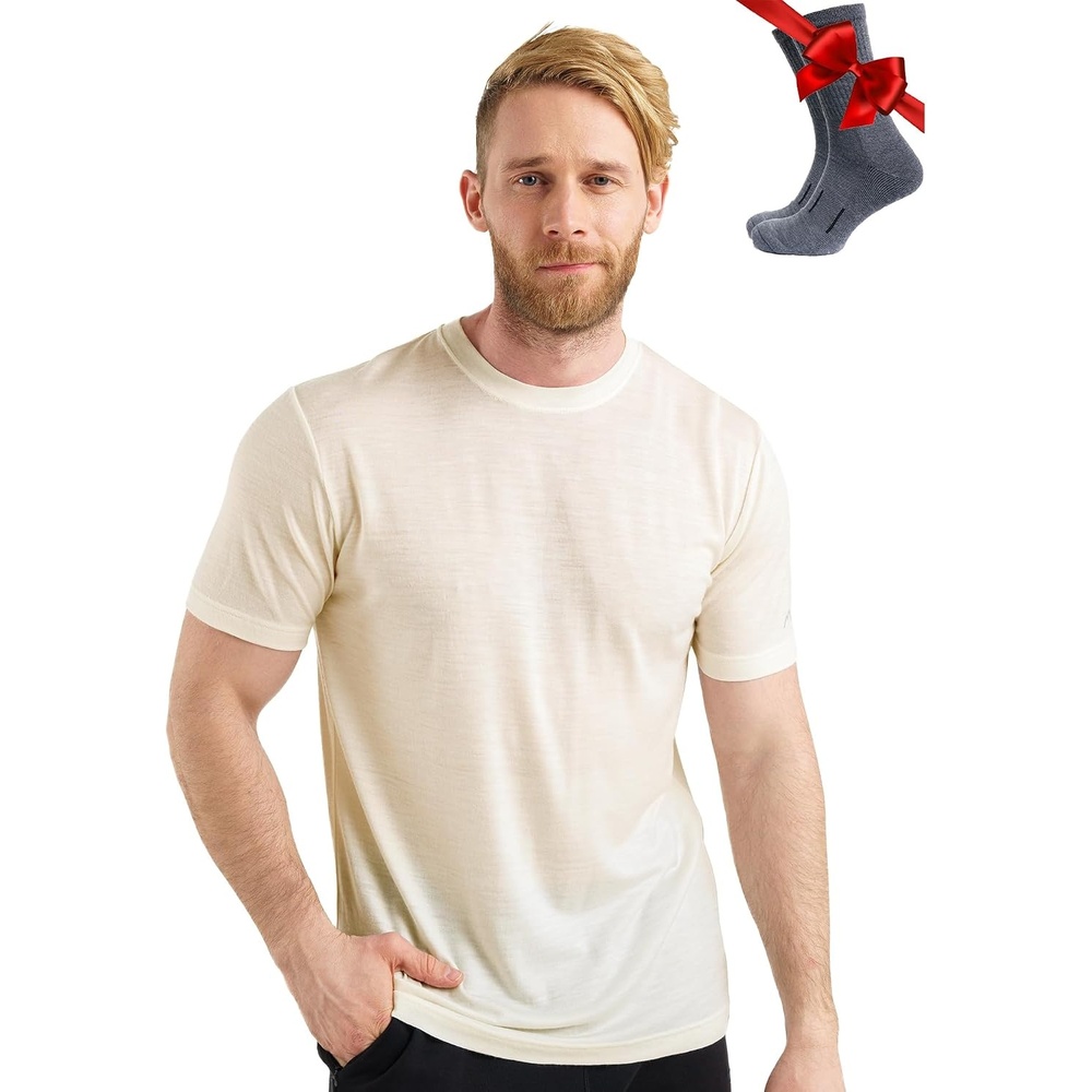 image:image100 Merino Wool TShirt Men Base Layer Top Undershirt with Hiking SocksCreamy White