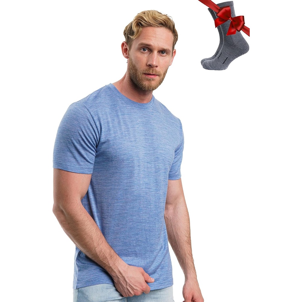 image:image100 Merino Wool TShirt Men Base Layer Top Undershirt with Hiking SocksDeep Blue
