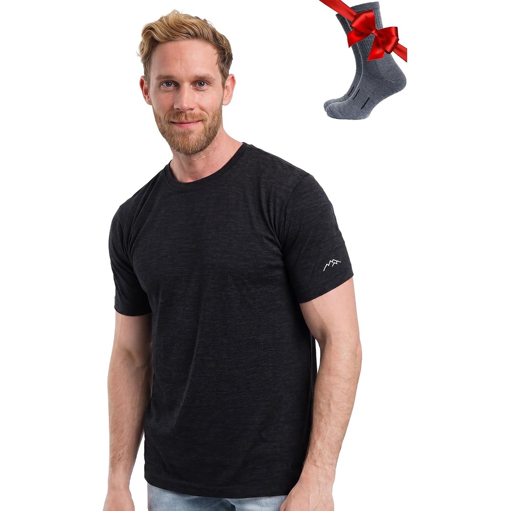 image:image100 Merino Wool TShirt Men Base Layer Top Undershirt with Hiking SocksHeathered Black