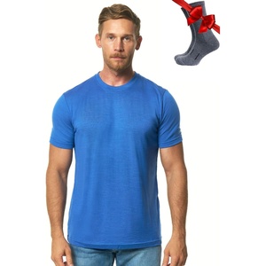 100% Merino Wool T-Shirt Men – Base Layer Top Undershirt with Hiking Socks(Cobalt Blue)