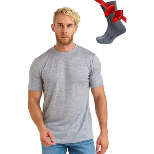 100% Merino Wool T-Shirt Men – Base Layer Top Undershirt with Hiking Socks(Melange Grey)