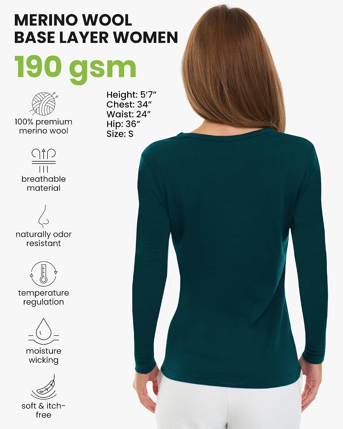 image:image100 Merino Wool Base Layer Women Thermal Merino Wool Shirt Women Small 190 Deep Teal Scoop