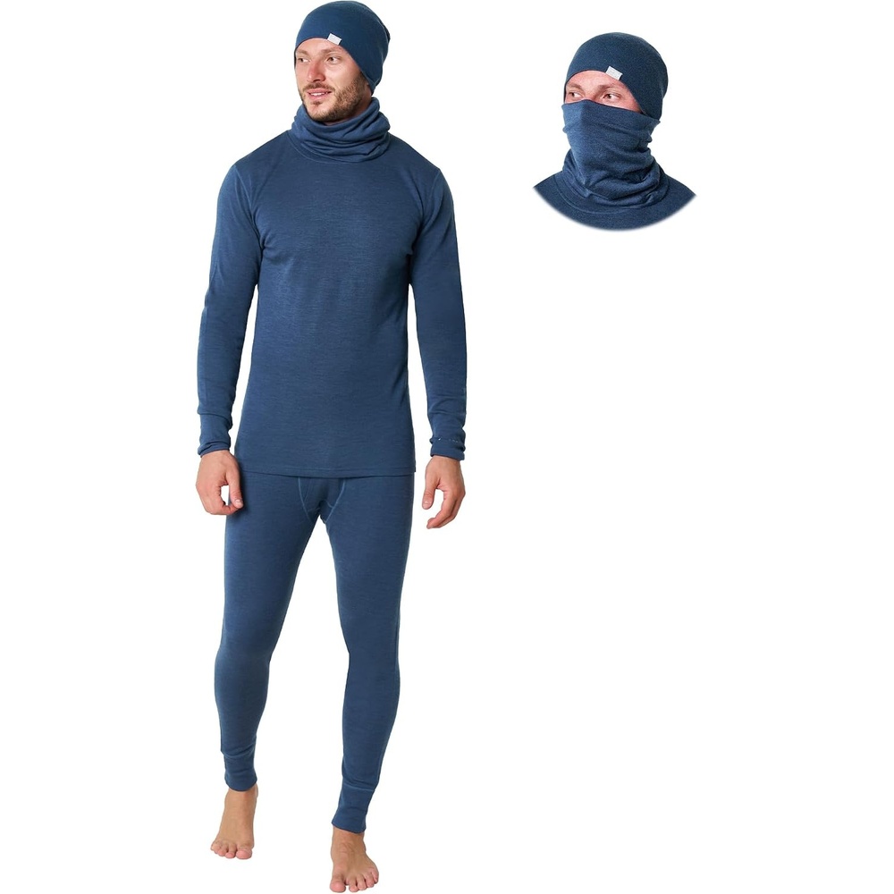 image:image100 Merino Wool Base Layer Mens Thermal Underwear Beanie Neck Gaiter260 Denim