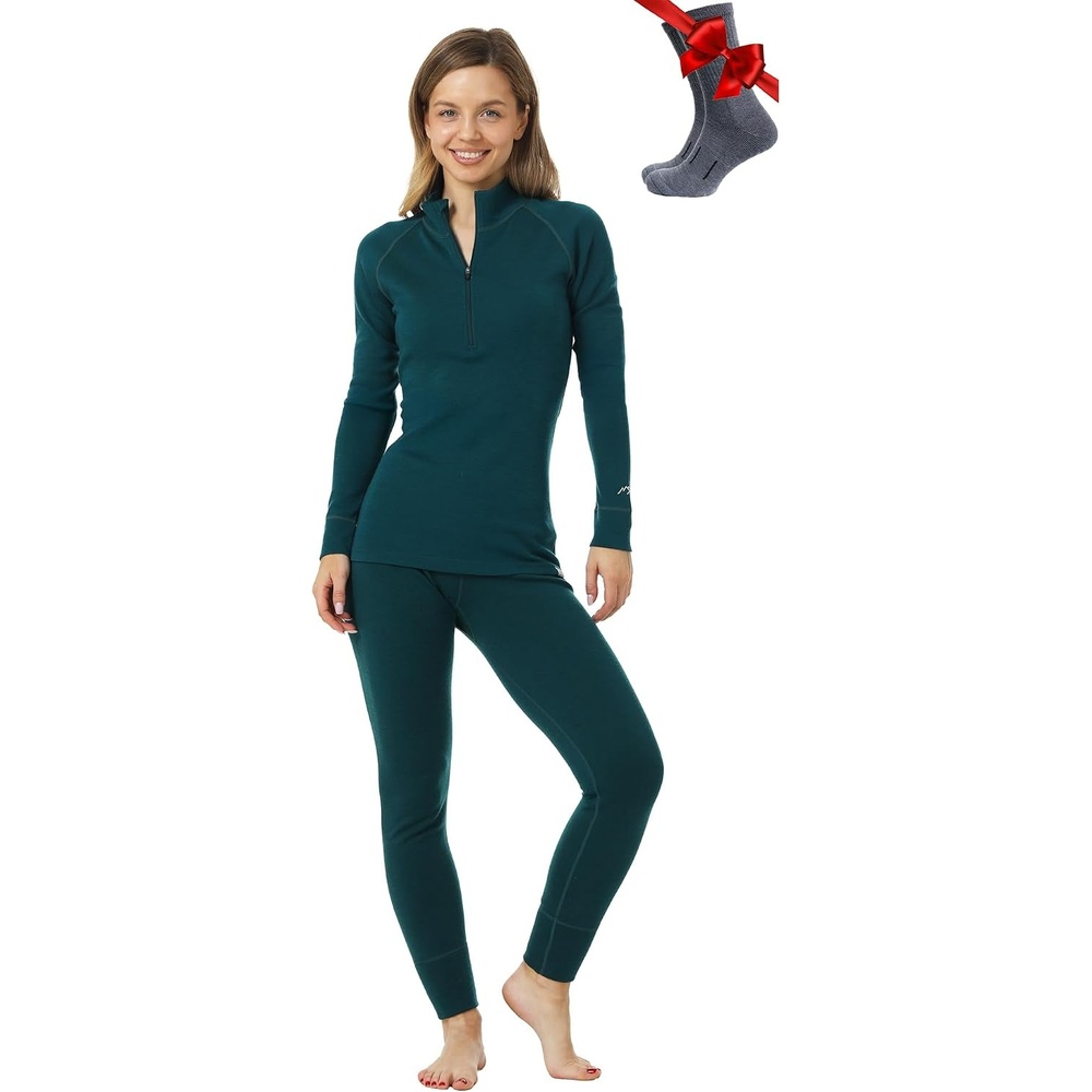 image:image100 Merino Wool Base Layer Women Quarter Zip Thermal Underwear Set250 Deep Teal Zipup