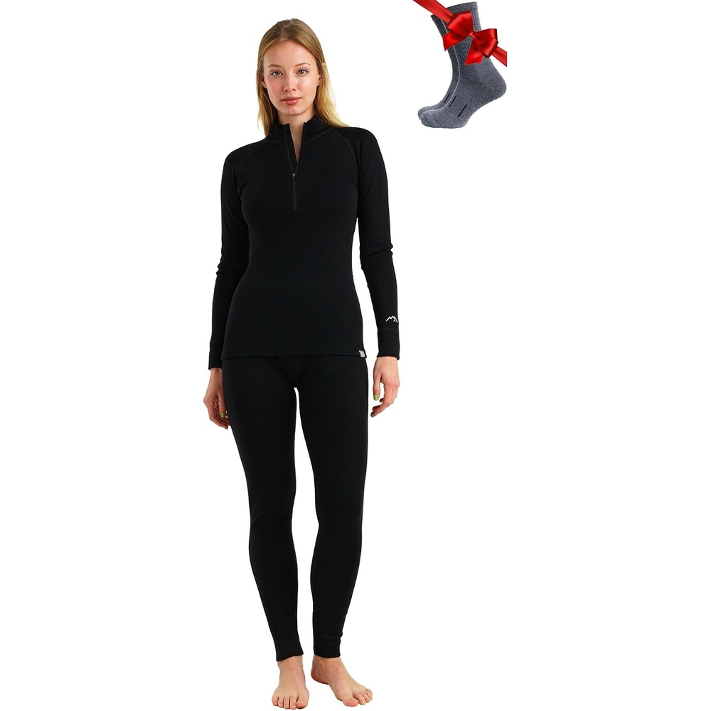 image:image100 Merino Wool Base Layer Women Quarter Zip Thermal Underwear Set320 Black Zipup