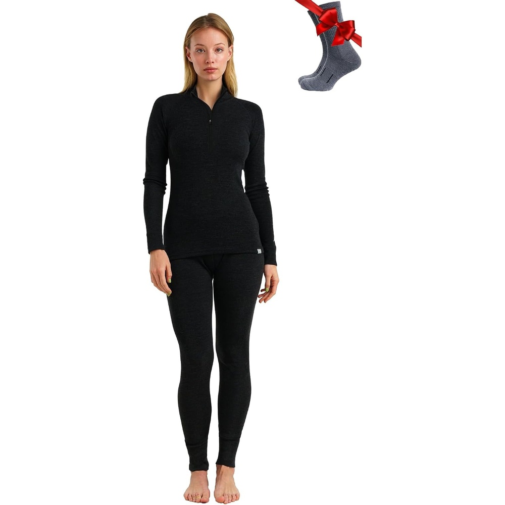 image:image100 Merino Wool Base Layer Women Quarter Zip Thermal Underwear Set320 Charcoal Grey Zipup