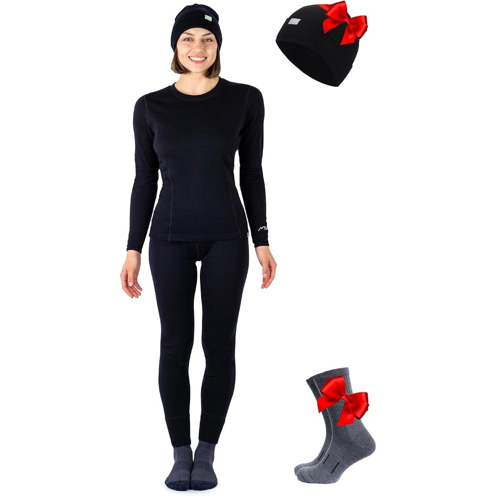 image:image100 Merino Wool Base Layer Women Thermal Set Top amp Bottom with BeanieBlack Oil