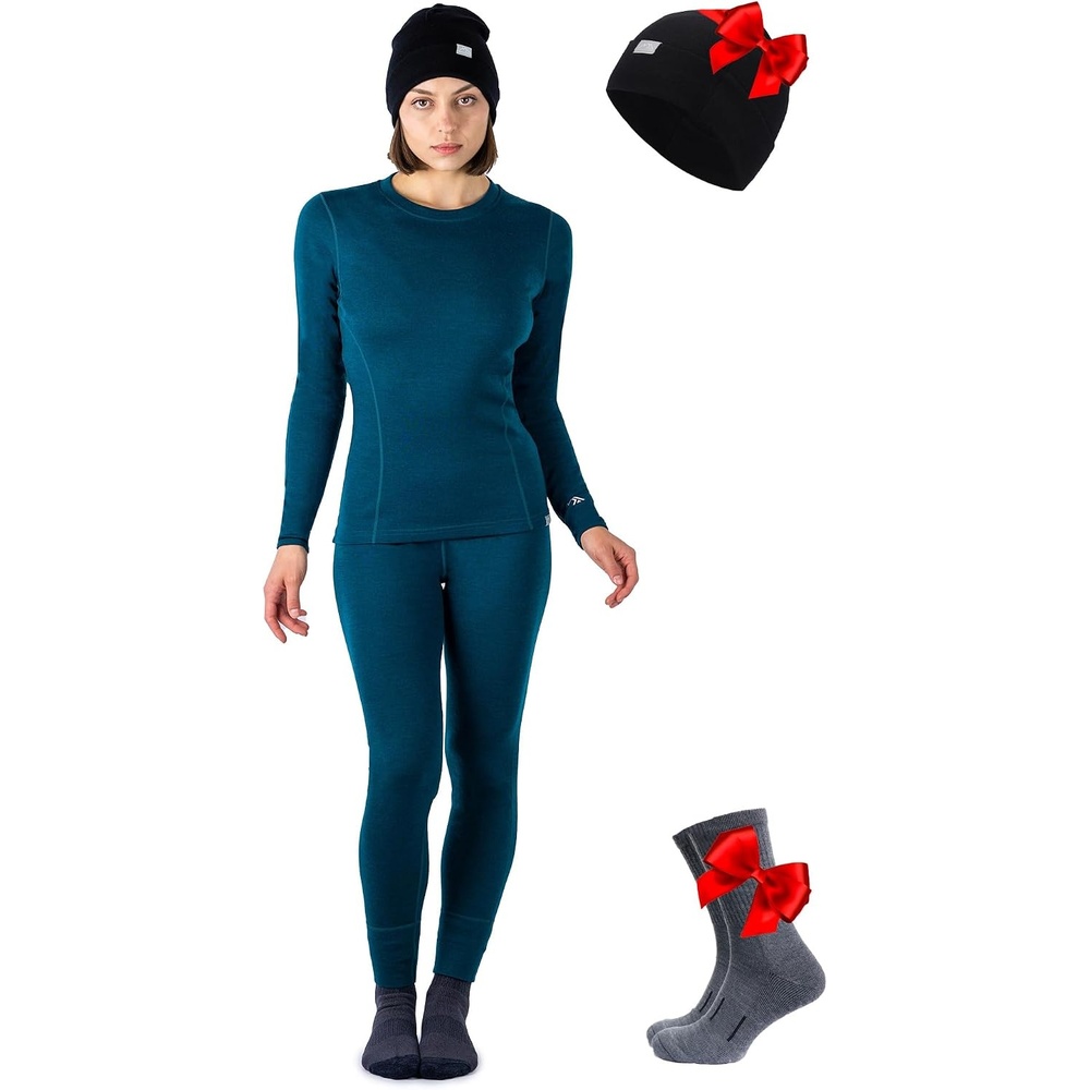 image:image100 Merino Wool Base Layer Women Thermal Set Top amp Bottom with BeanieDeep Teal Green