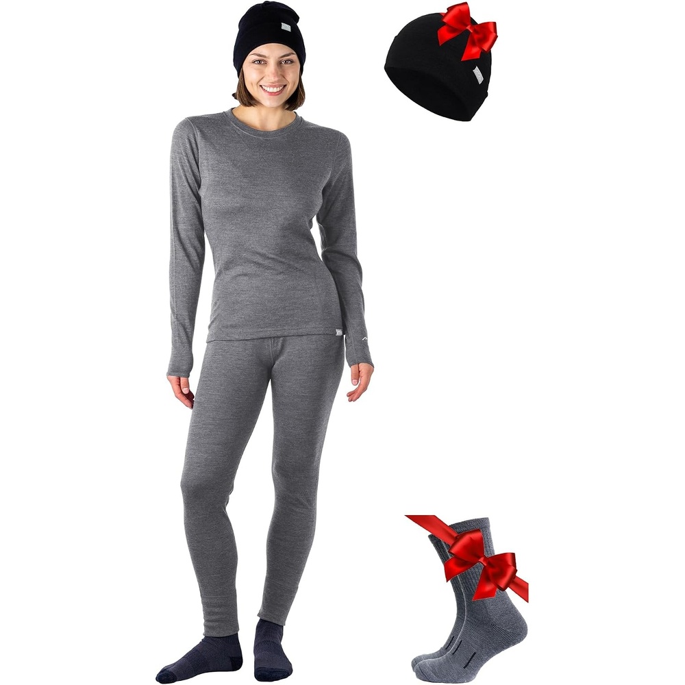 image:image100 Merino Wool Base Layer Women Thermal Set Top amp Bottom with BeanieGray Heather Marl