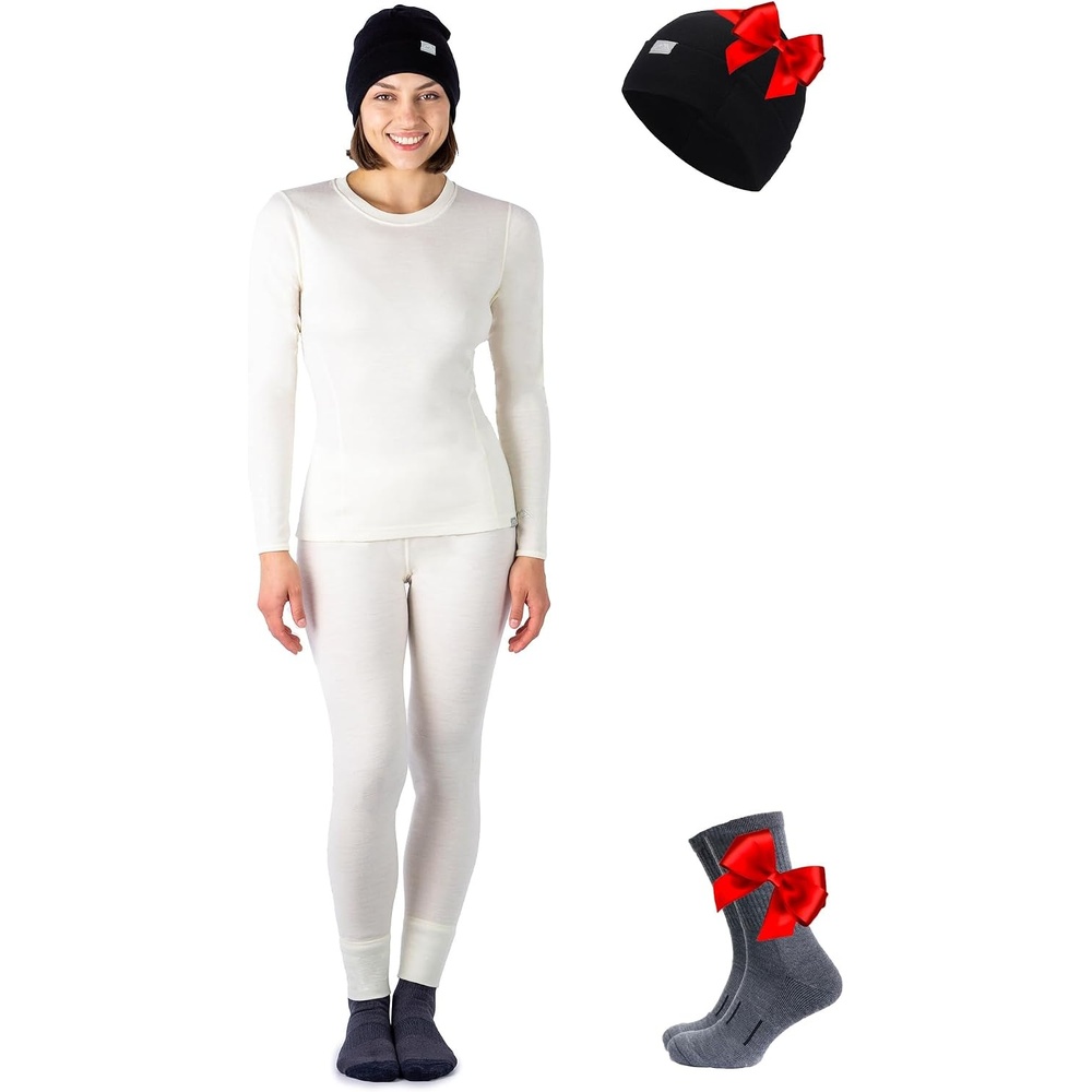 image:image100 Merino Wool Base Layer Women Thermal Set Top amp Bottom with BeanieNatural Merinos Cream