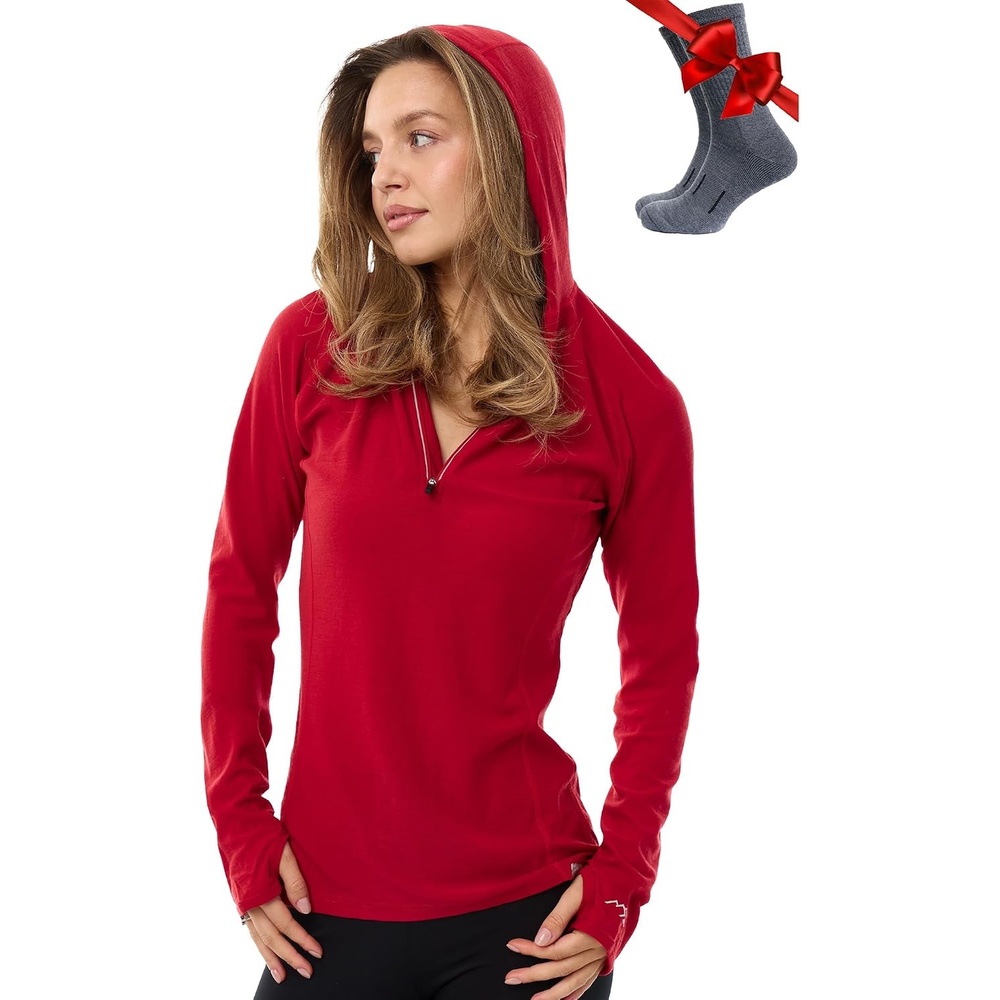 image:image100 Merino Wool Hoodie Women Slim Fit Quarter Zip Thermal Base Layer190 Cherry Red