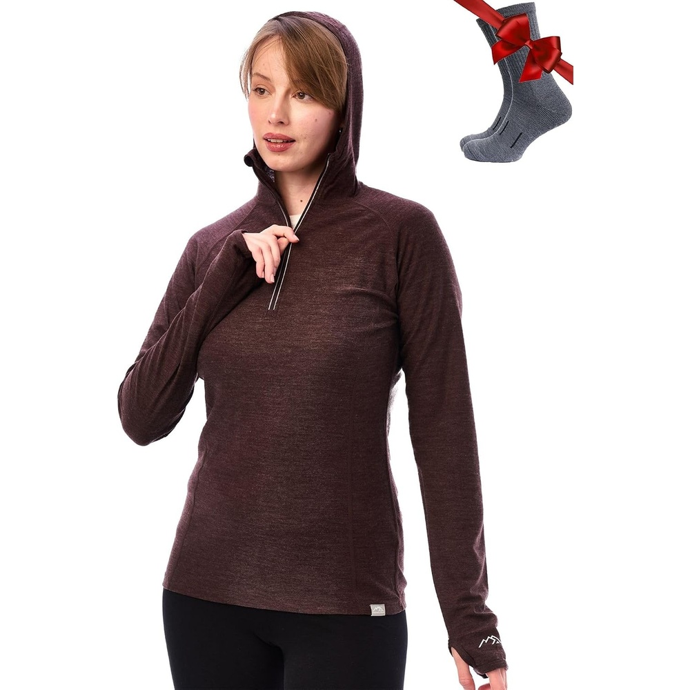 image:image100 Merino Wool Hoodie Women Slim Fit Quarter Zip Thermal Base Layer190 Chocolate