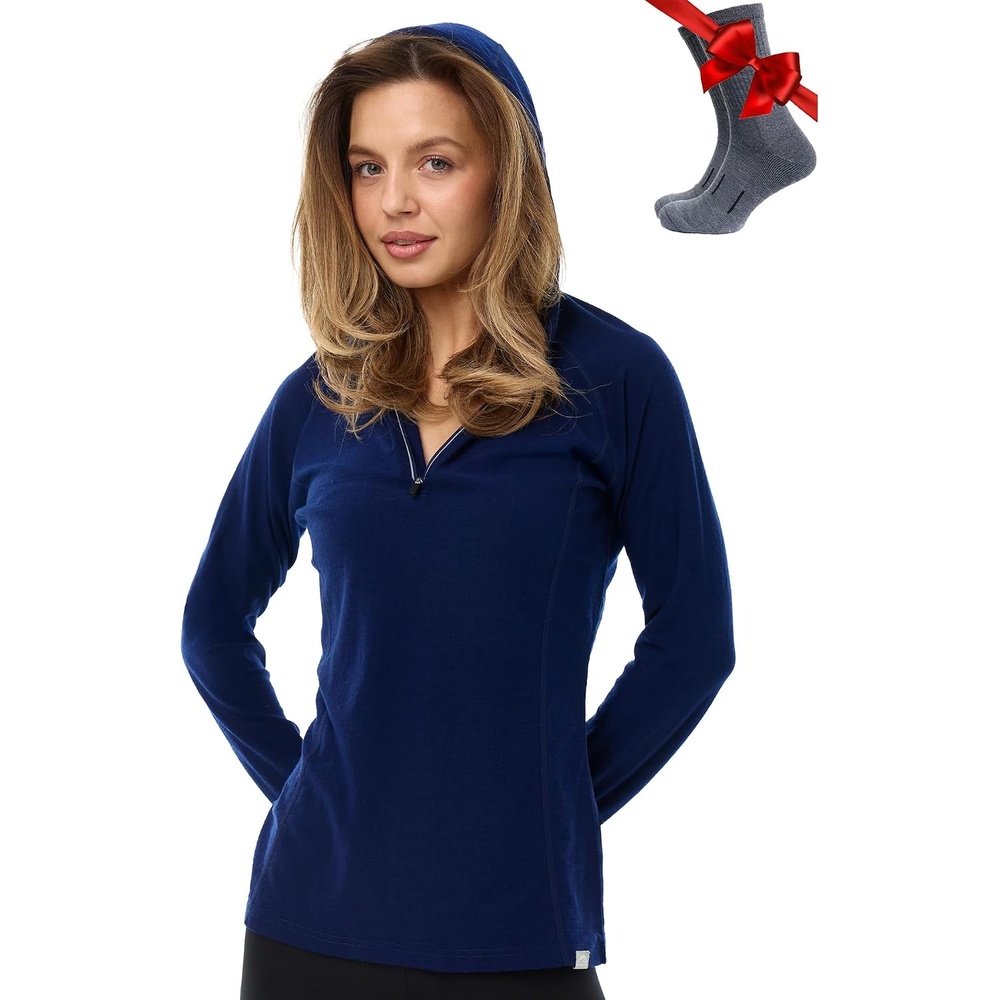image:image100 Merino Wool Hoodie Women Slim Fit Quarter Zip Thermal Base Layer190 Navy