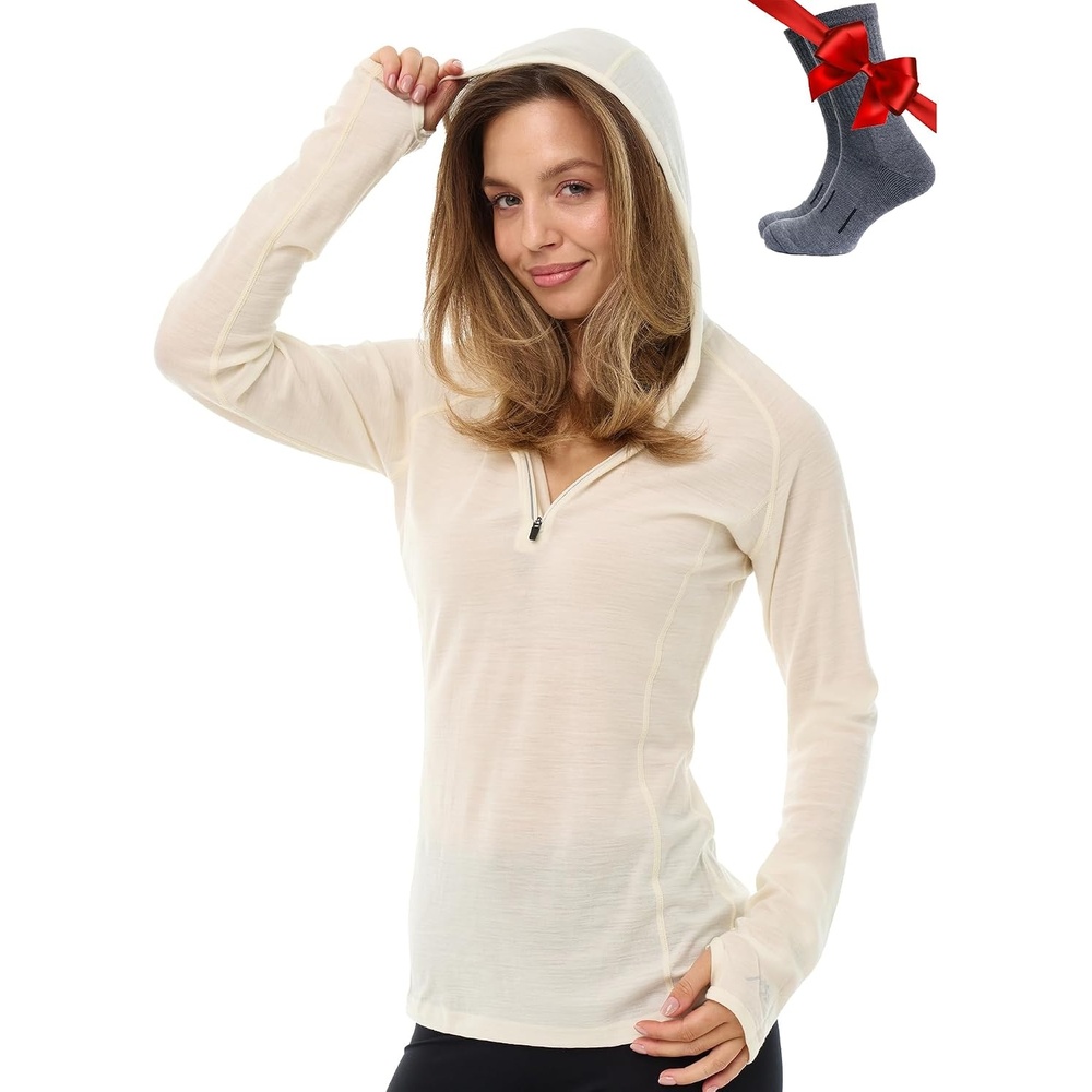 image:image100 Merino Wool Hoodie Women Slim Fit Quarter Zip Thermal Base Layer190 Off White