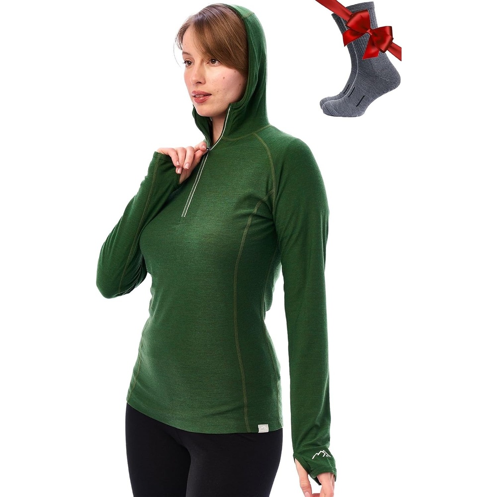 image:image100 Merino Wool Hoodie Women Slim Fit Quarter Zip Thermal Base Layer190 Olive