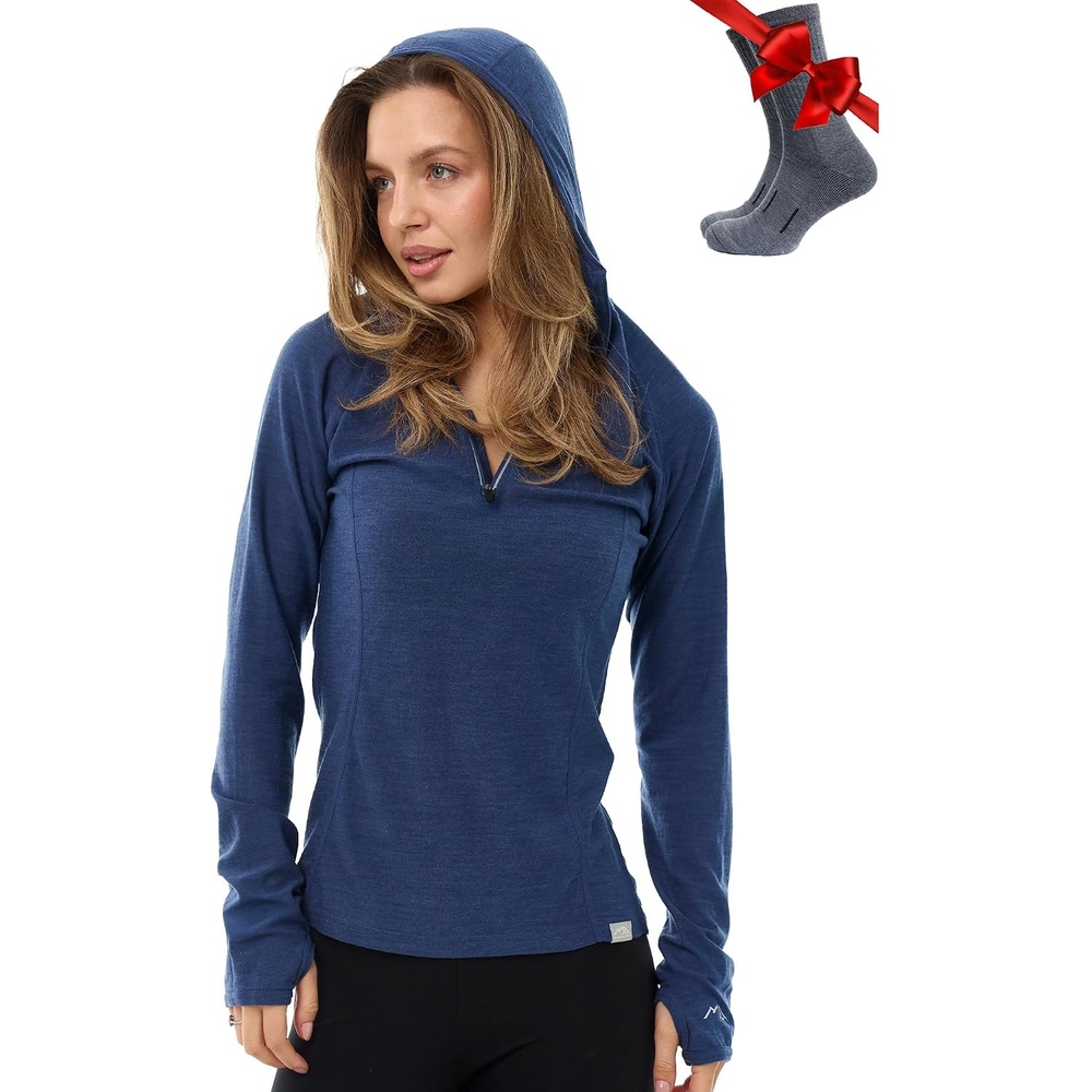 image:image100 Merino Wool Hoodie Women Slim Fit Quarter Zip Thermal Base Layer190 Windsor Blue