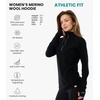 100% Merino Wool Hoodie Women – Slim Fit Quarter Zip Thermal Base Layer(190 Black)