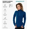 100% Merino Wool Hoodie Women – Slim Fit Quarter Zip Thermal Base Layer(190 Denim Blue)