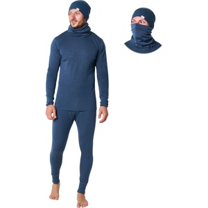 100% Merino Wool Base Layer Mens – Thermal Underwear, Beanie, Neck Gaiter(260 Denim)