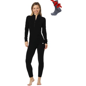 100% Merino Wool Base Layer Women – Quarter Zip Thermal Underwear Set(250 Black Zip-up)