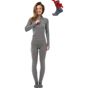 100% Merino Wool Base Layer Women – Quarter Zip Thermal Underwear Set(250 Heather Grey Zip-up)
