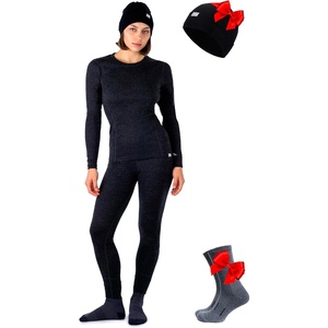 100% Merino Wool Base Layer Women – Thermal Set Top & Bottom with Beanie(Charcoal Grey Dark)