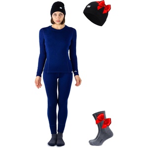 100% Merino Wool Base Layer Women – Thermal Set Top & Bottom with Beanie(Navy Classic)