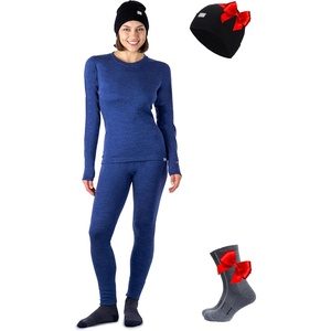 100% Merino Wool Base Layer Women – Thermal Set Top & Bottom with Beanie(Windsor Blue Dark)