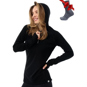100% Merino Wool Hoodie Women – Slim Fit Quarter Zip Thermal Base Layer(190 Black)