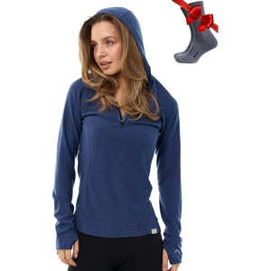 100% Merino Wool Hoodie Women – Slim Fit Quarter Zip Thermal Base Layer(190 Windsor Blue)