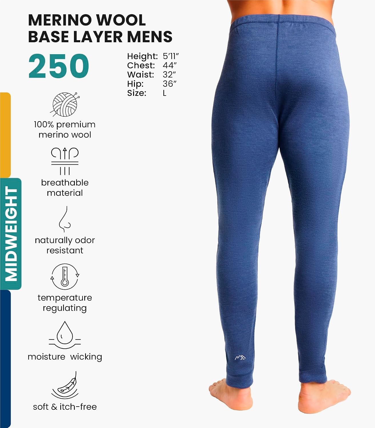 image:image100 Merino Wool Base Layer Mens Pants Thermal Underwear Long JohnsWindsor Blue 250