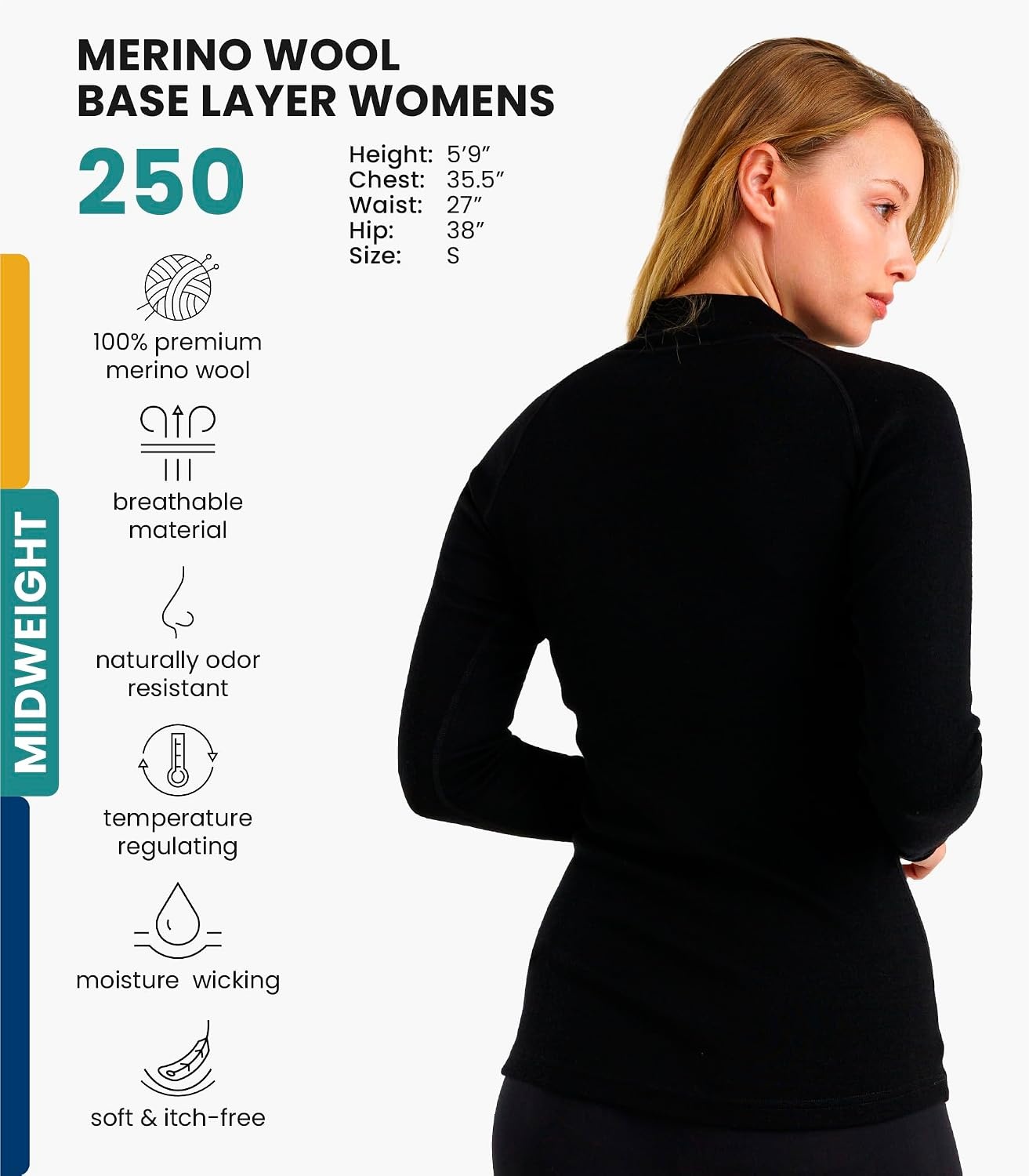 image:image100 Merino Wool Quarter Zip Sweater Women Thermal Base Layer with Socks 250 Black