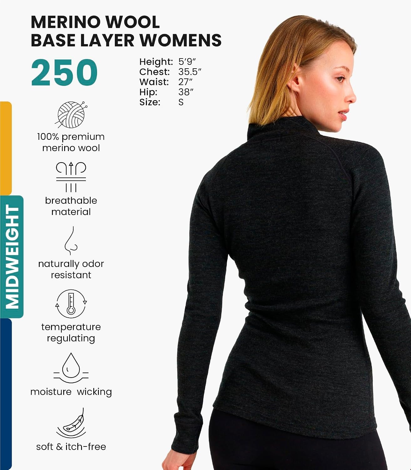 image:image100 Merino Wool Quarter Zip Sweater Women Thermal Base Layer with Socks 250 Charcoal Grey