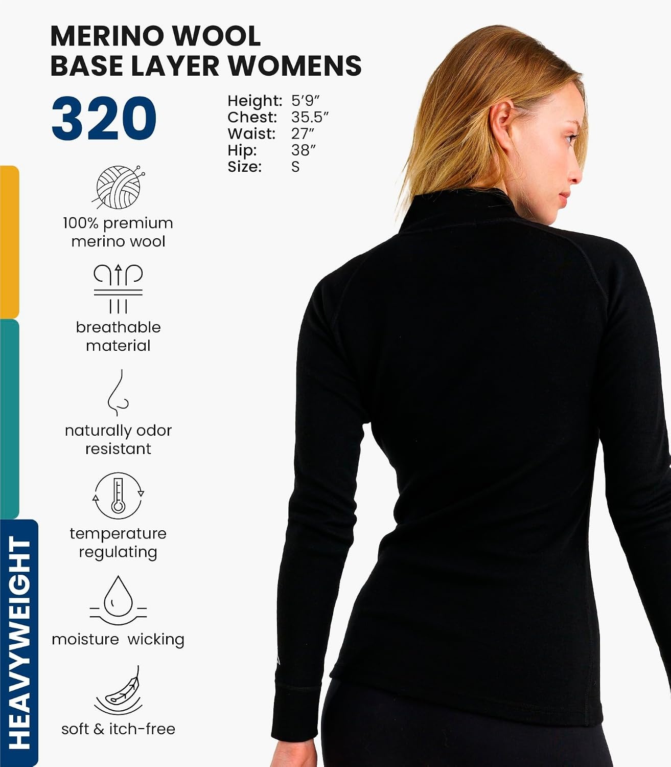 image:image100 Merino Wool Quarter Zip Sweater Women Thermal Base Layer with Socks 320 Black