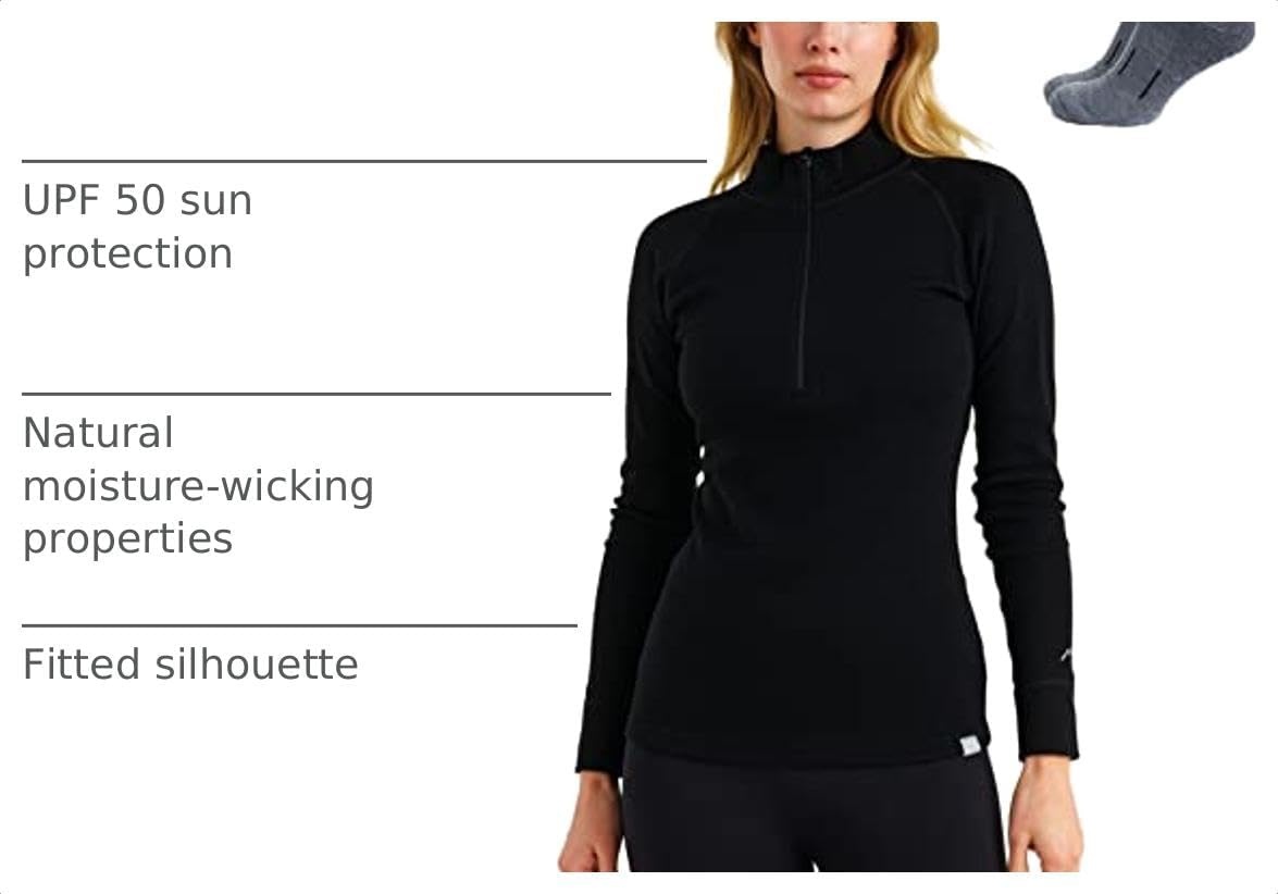 image:image100 Merino Wool Quarter Zip Sweater Women Thermal Base Layer with Socks 320 Black