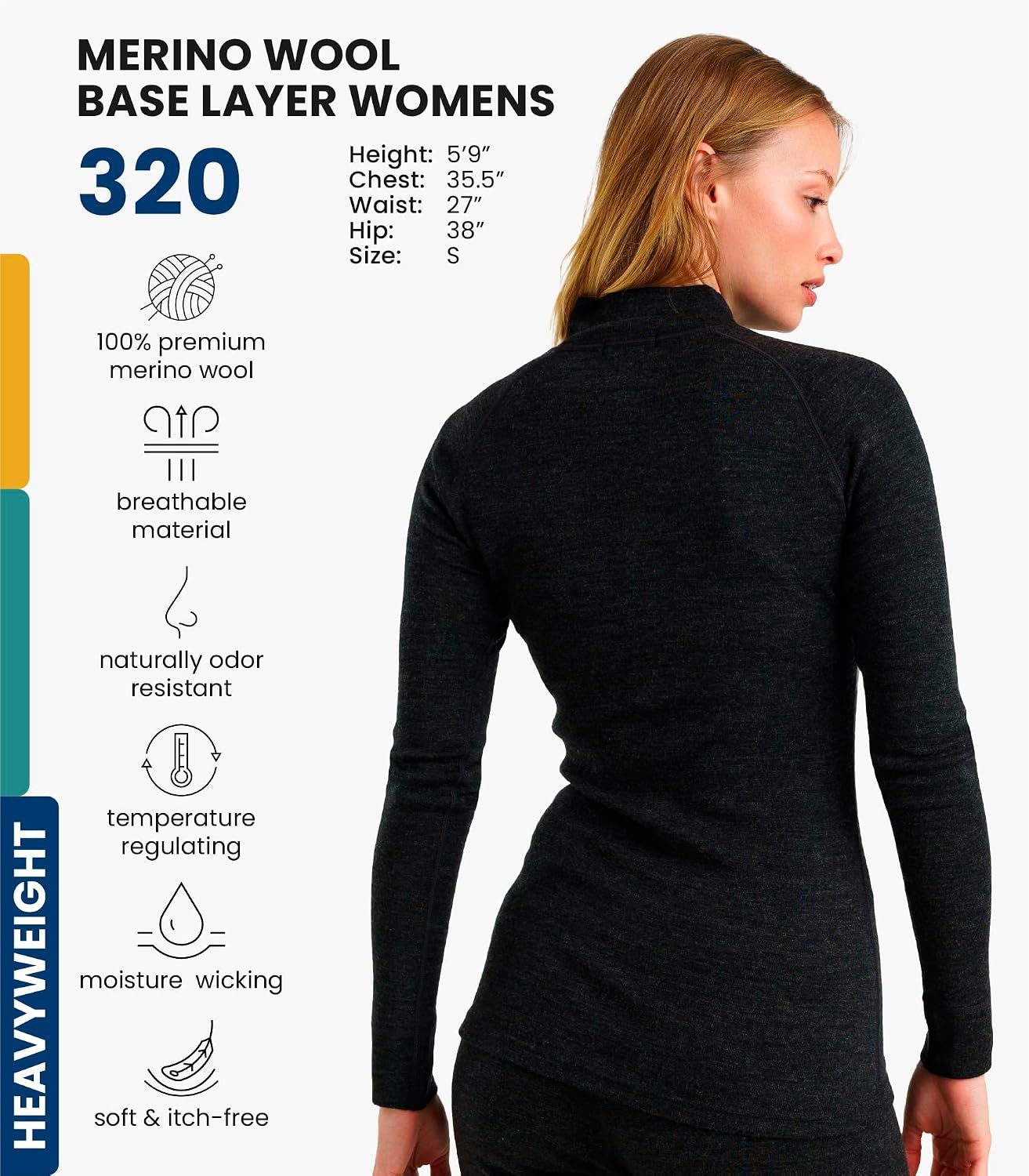 image:image100 Merino Wool Quarter Zip Sweater Women Thermal Base Layer with Socks 320 Charcoal Grey
