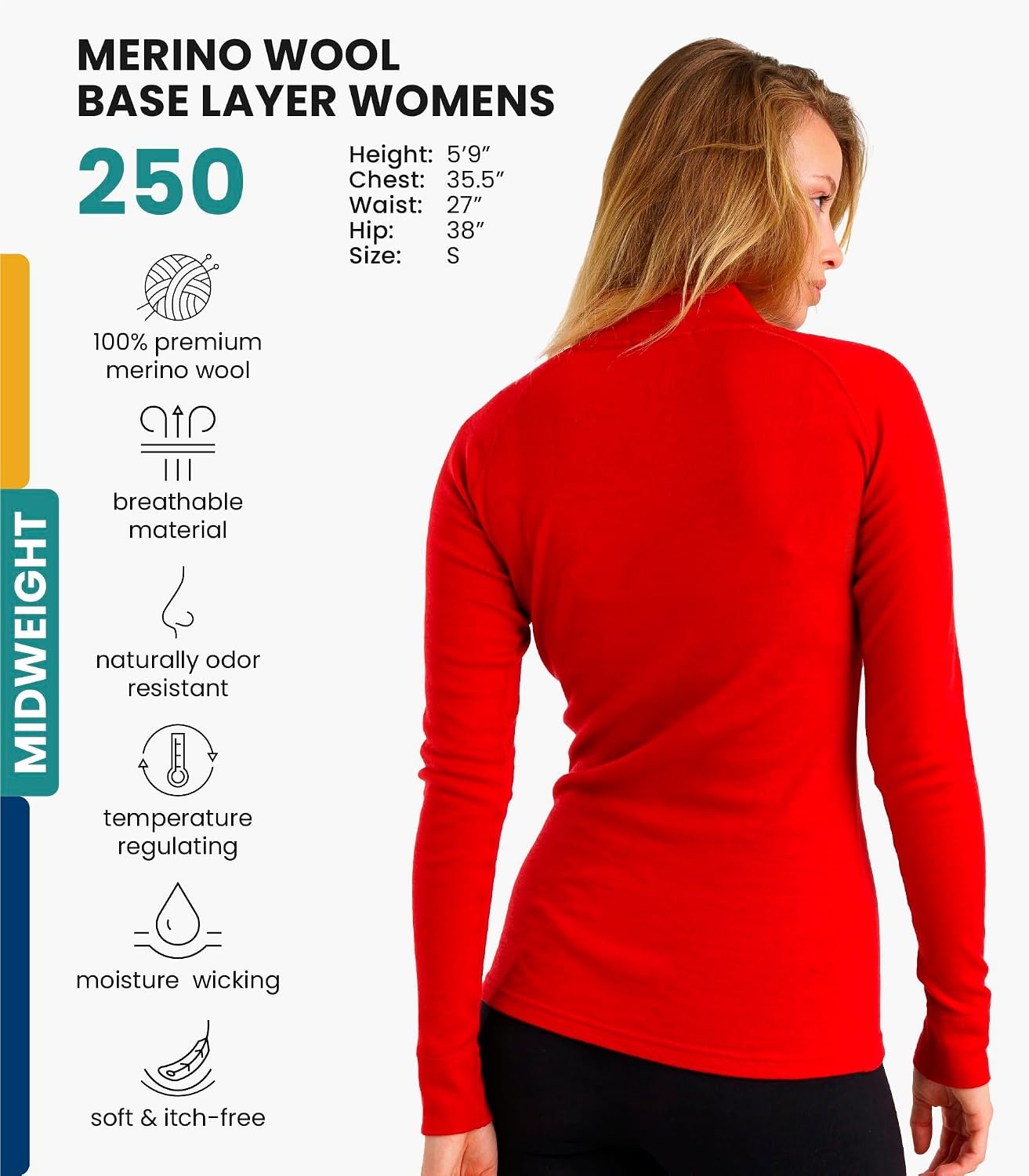 image:image100 Merino Wool Quarter Zip Sweater Women Thermal Base Layer with Socks250 Cherry Red