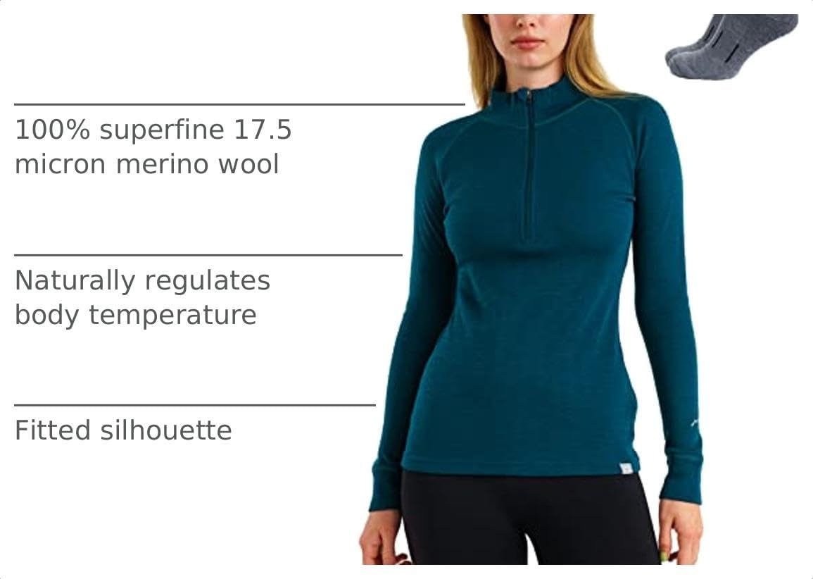 image:image100 Merino Wool Quarter Zip Sweater Women Thermal Base Layer with Socks250 Deep Teal