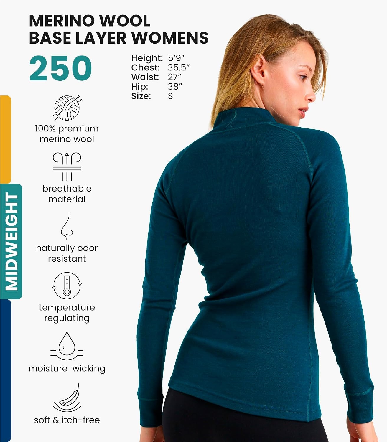 image:image100 Merino Wool Quarter Zip Sweater Women Thermal Base Layer with Socks250 Deep Teal