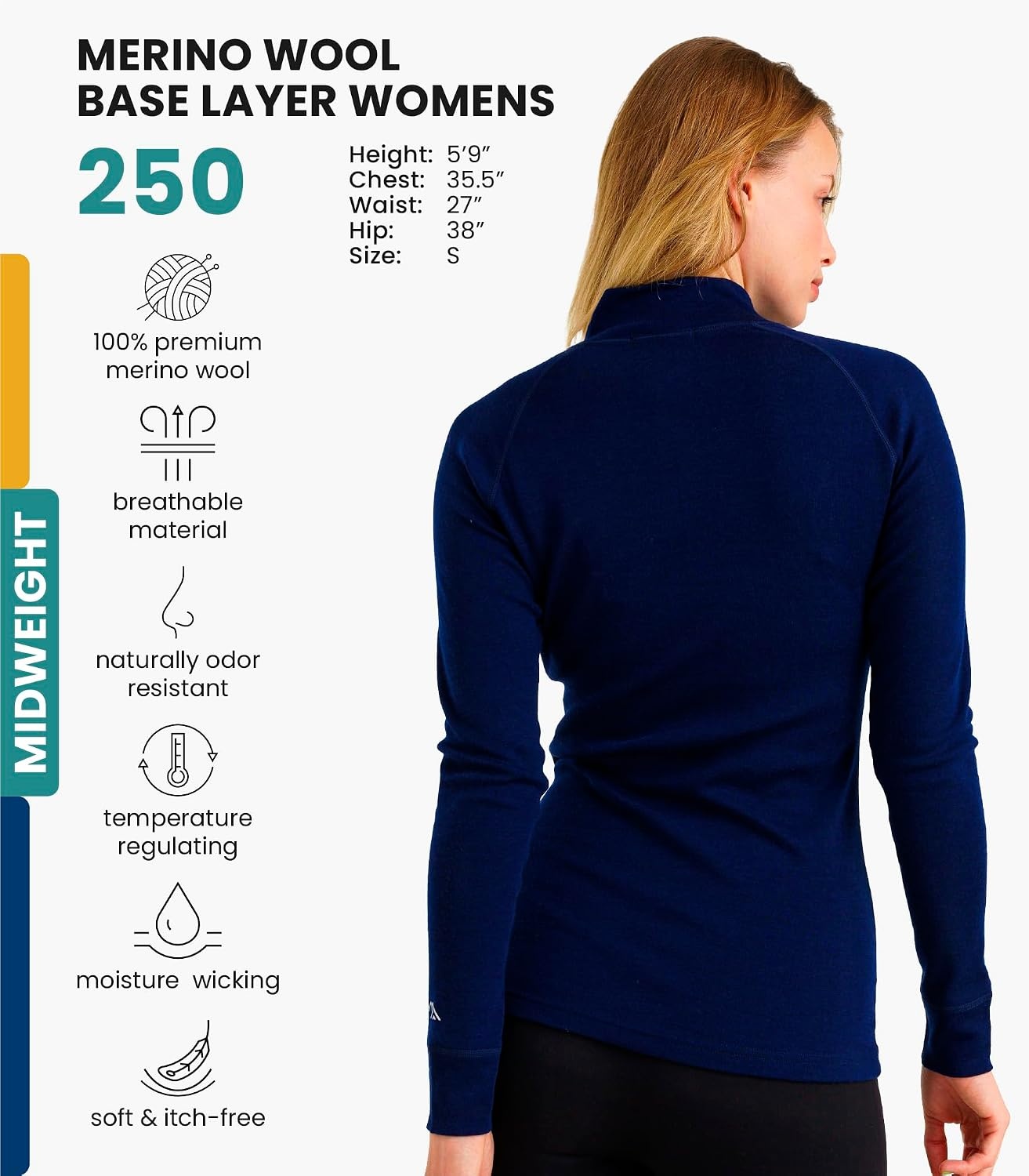 image:image100 Merino Wool Quarter Zip Sweater Women Thermal Base Layer with Socks250 Navy