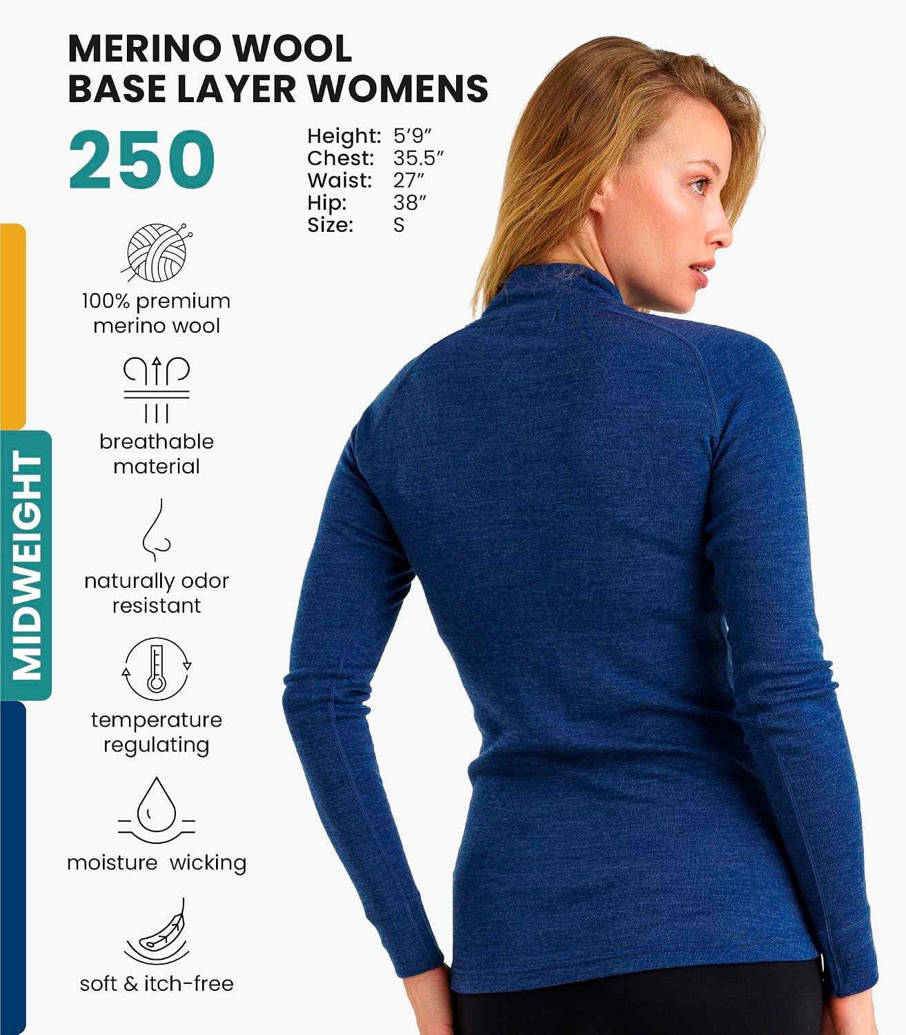 image:image100 Merino Wool Quarter Zip Sweater Women Thermal Base Layer with Socks250 Windsor Blue