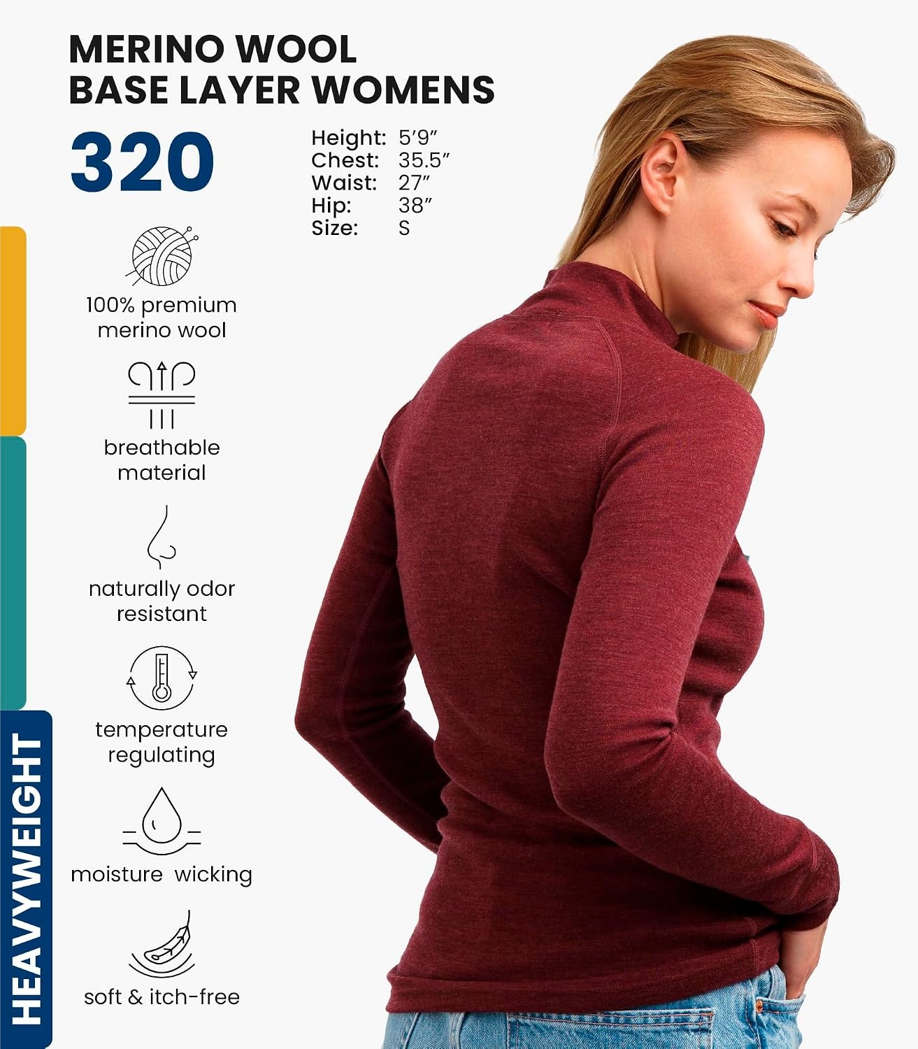 image:image100 Merino Wool Quarter Zip Sweater Women Thermal Base Layer with Socks320 Burgundy