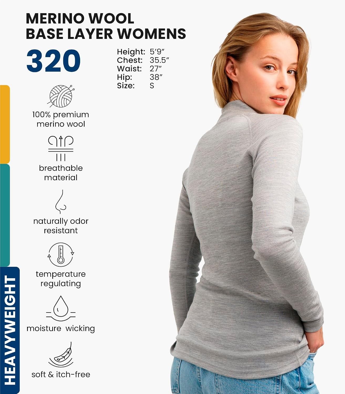 image:image100 Merino Wool Quarter Zip Sweater Women Thermal Base Layer with Socks320 Heather Grey